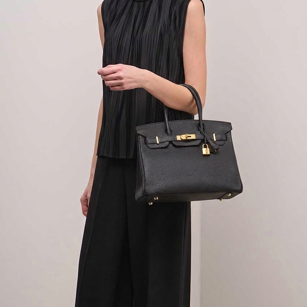 Model carrying the Classic 30 Togo tote in black genuine pebbled leather