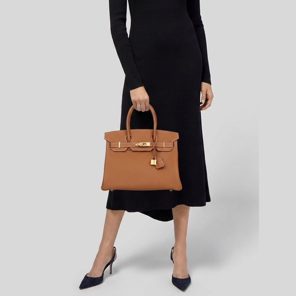 Model carrying the Classic 30 Togo tote in gold brown genuine pebbled leather