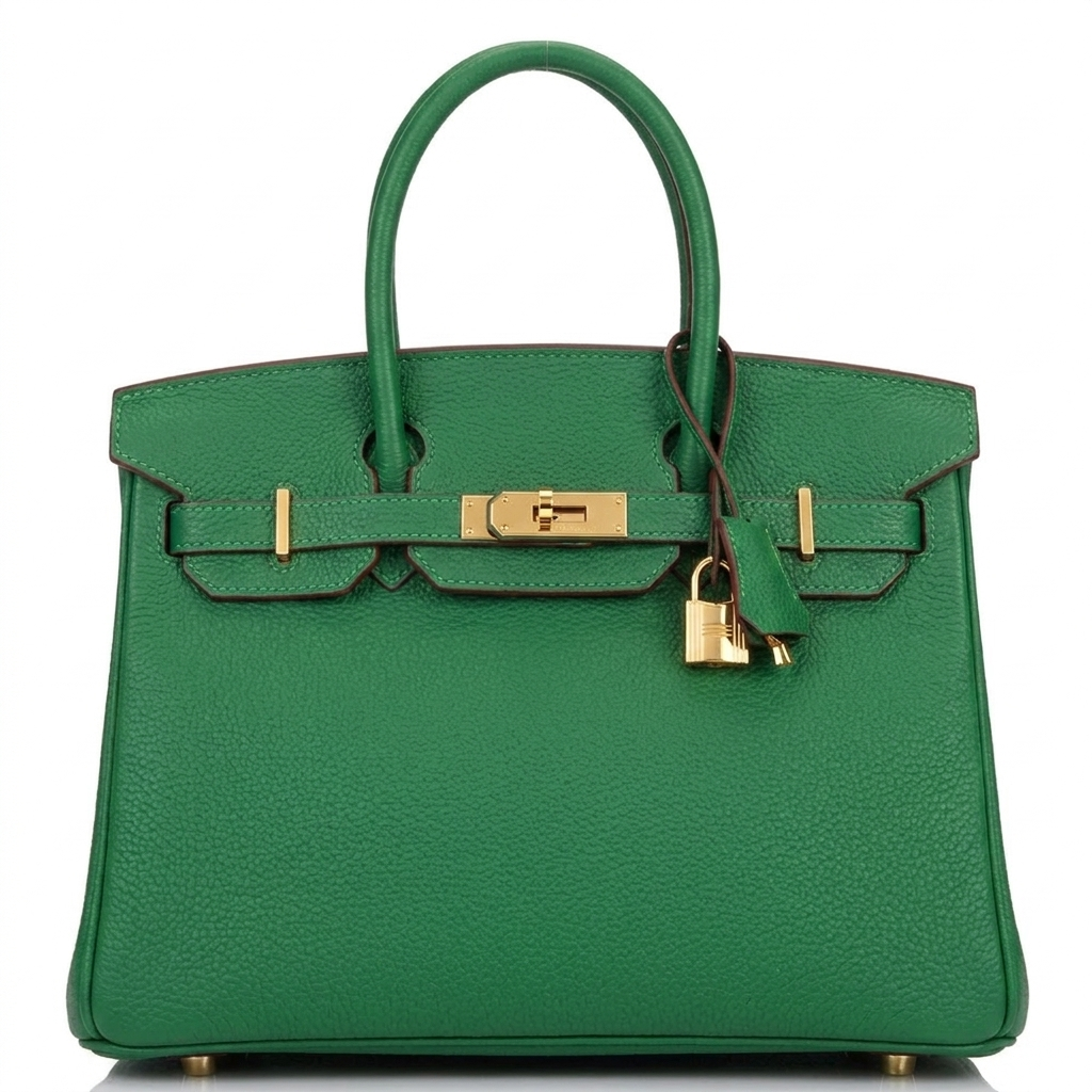 Leather 30 structured handbag in green pebbled leather with gold hardware 