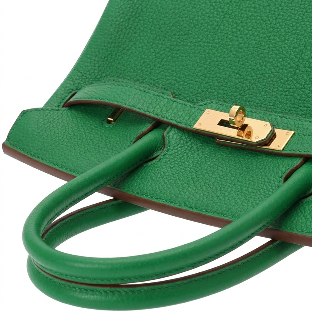 Leather 30 structured handbag in green pebbled leather with gold hardware details