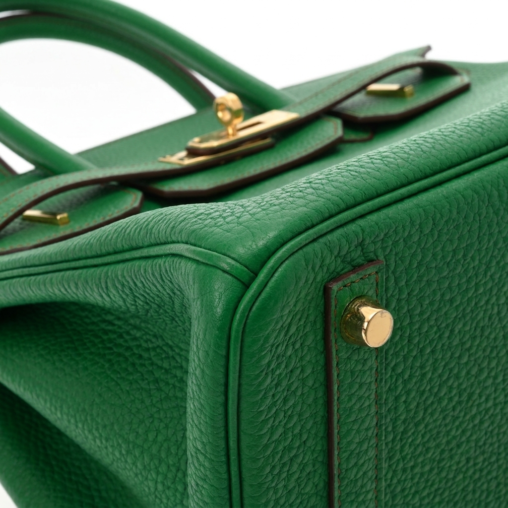 Leather 30 structured handbag in green pebbled leather with gold hardware details