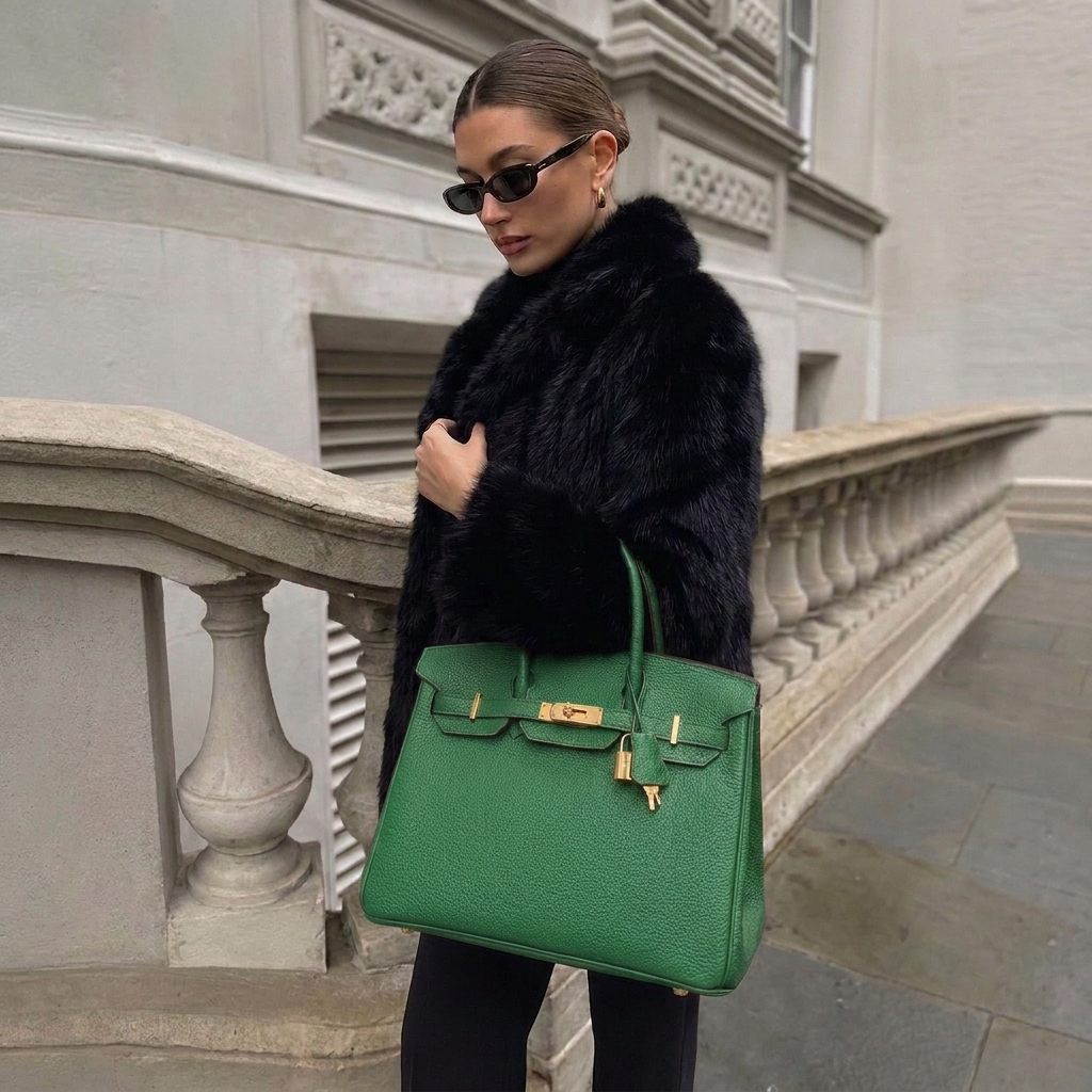 Leather 30 structured handbag in green pebbled leather with gold hardware  model shot