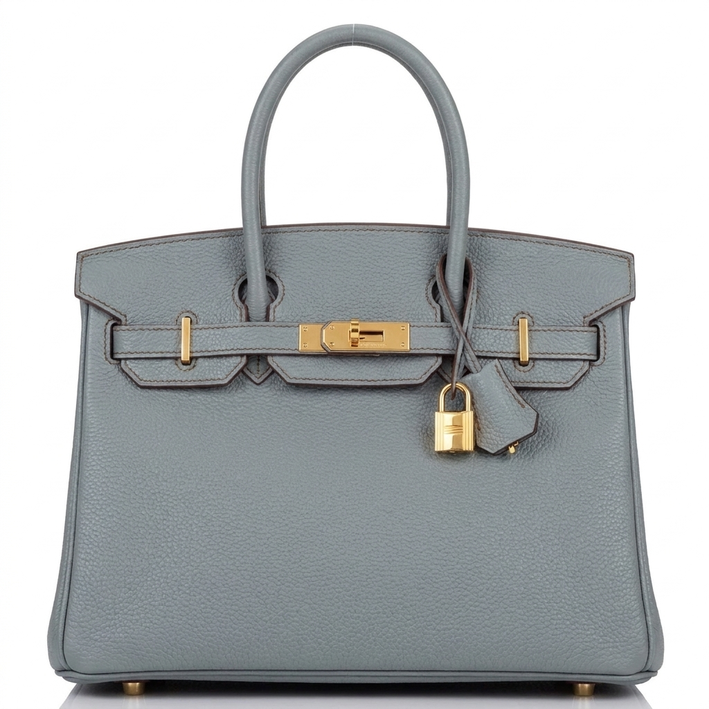 Leather 30 structured handbag in grey blue pebbled leather with gold hardware 