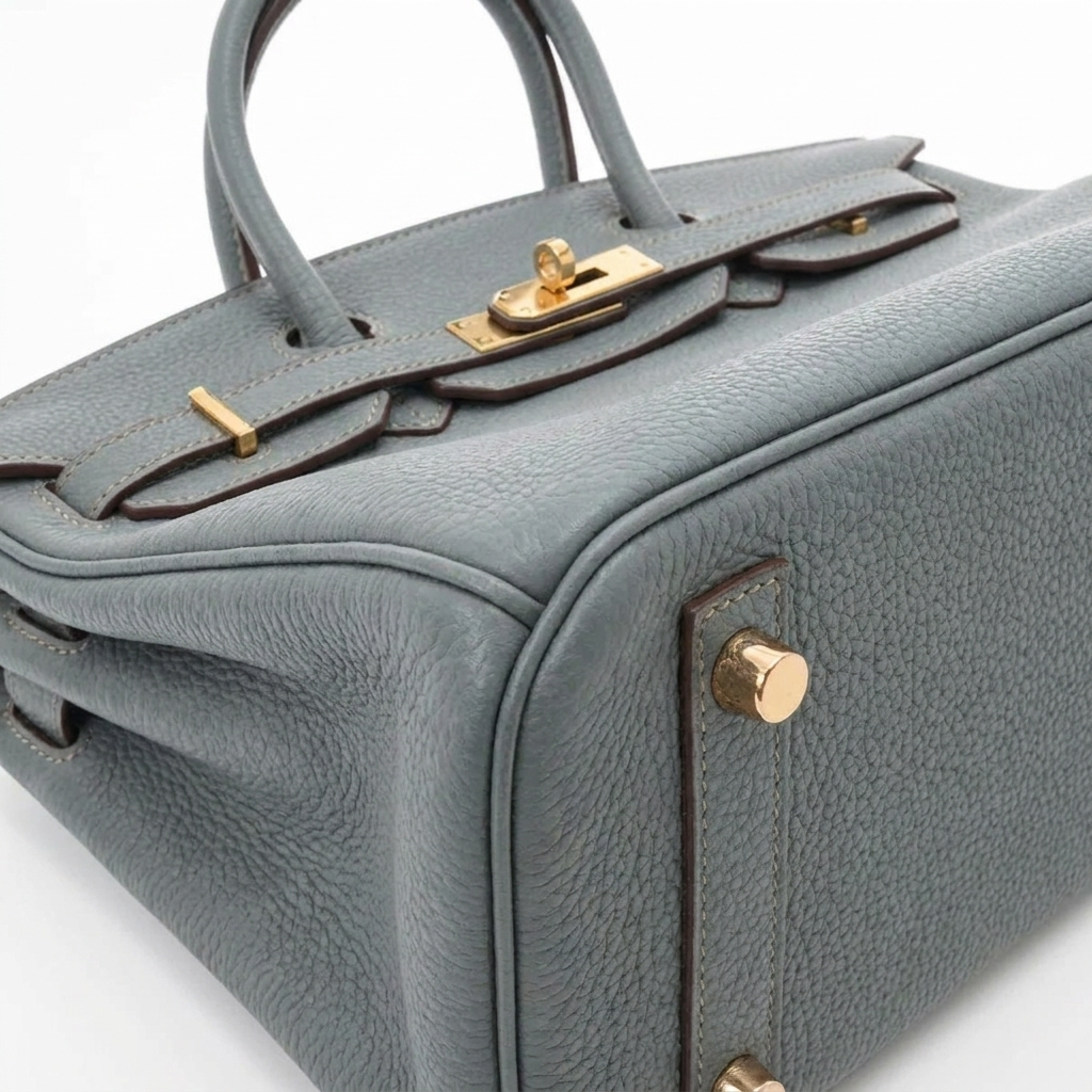 Leather 30 structured handbag in grey blue pebbled leather with gold hardware details