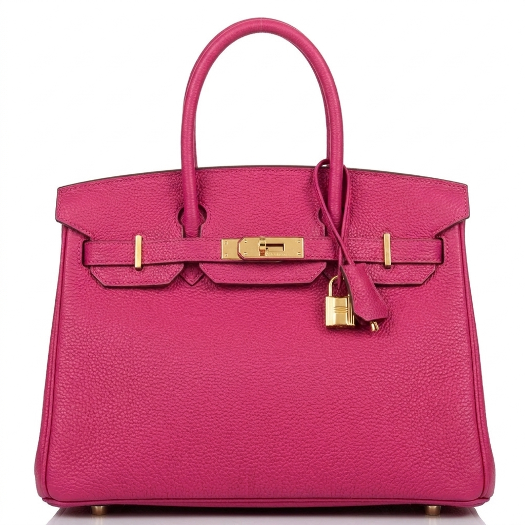 Leather 30 structured handbag in hot pink pebbled leather with gold hardware, front view