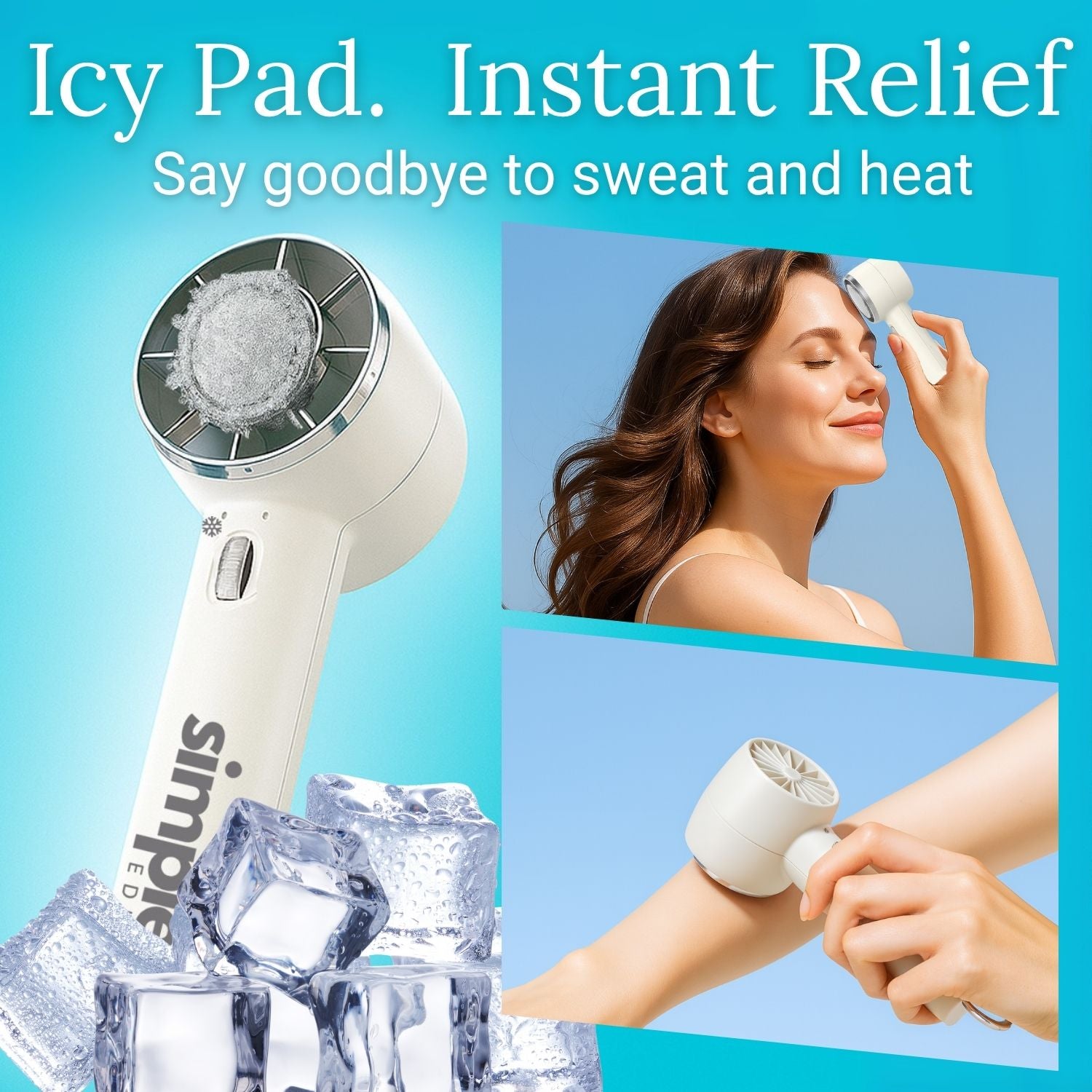 Portable fan with cold compress icy pad for instant cooling during summer