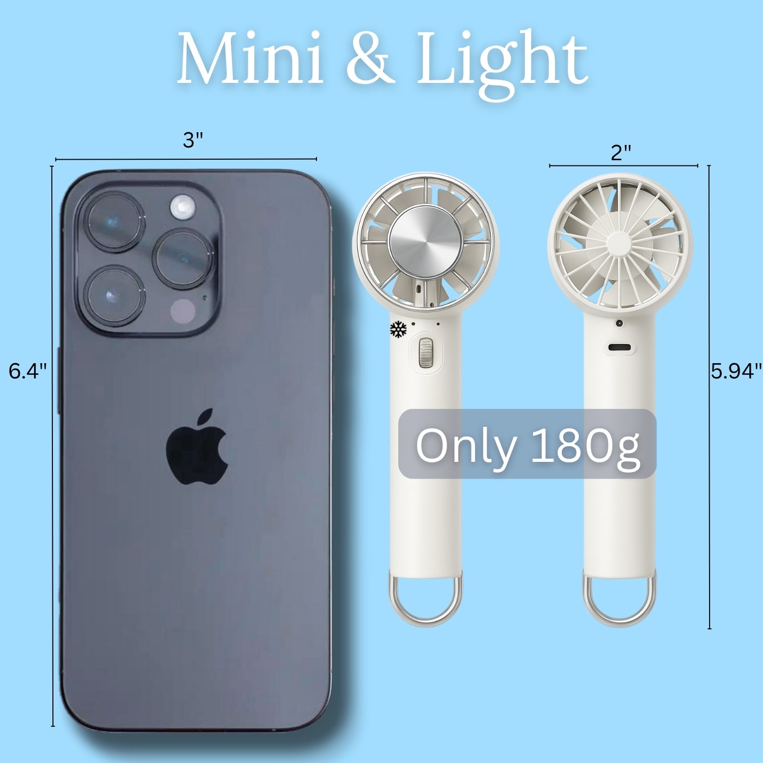 Mini size Rechargeable turbo fan with USB-C charging port and speed adjustment slider 