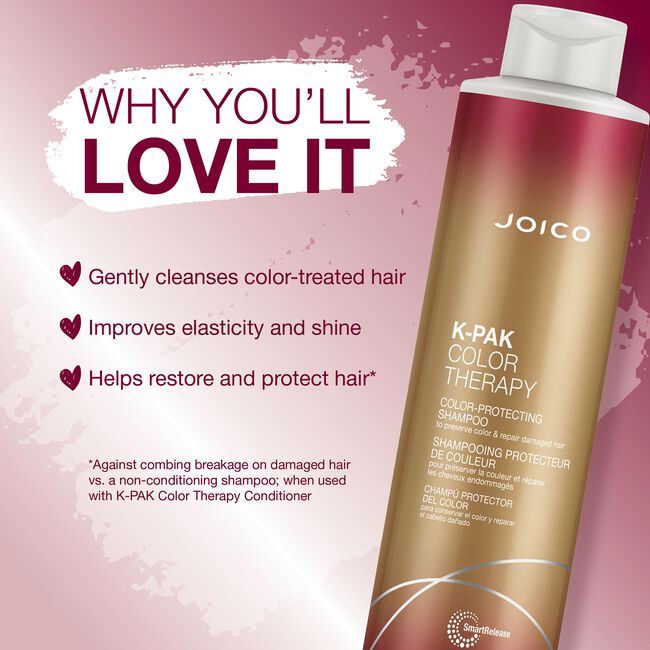 Joico K-PAK Color Therapy shampoo bottle with product benefits on a pink background