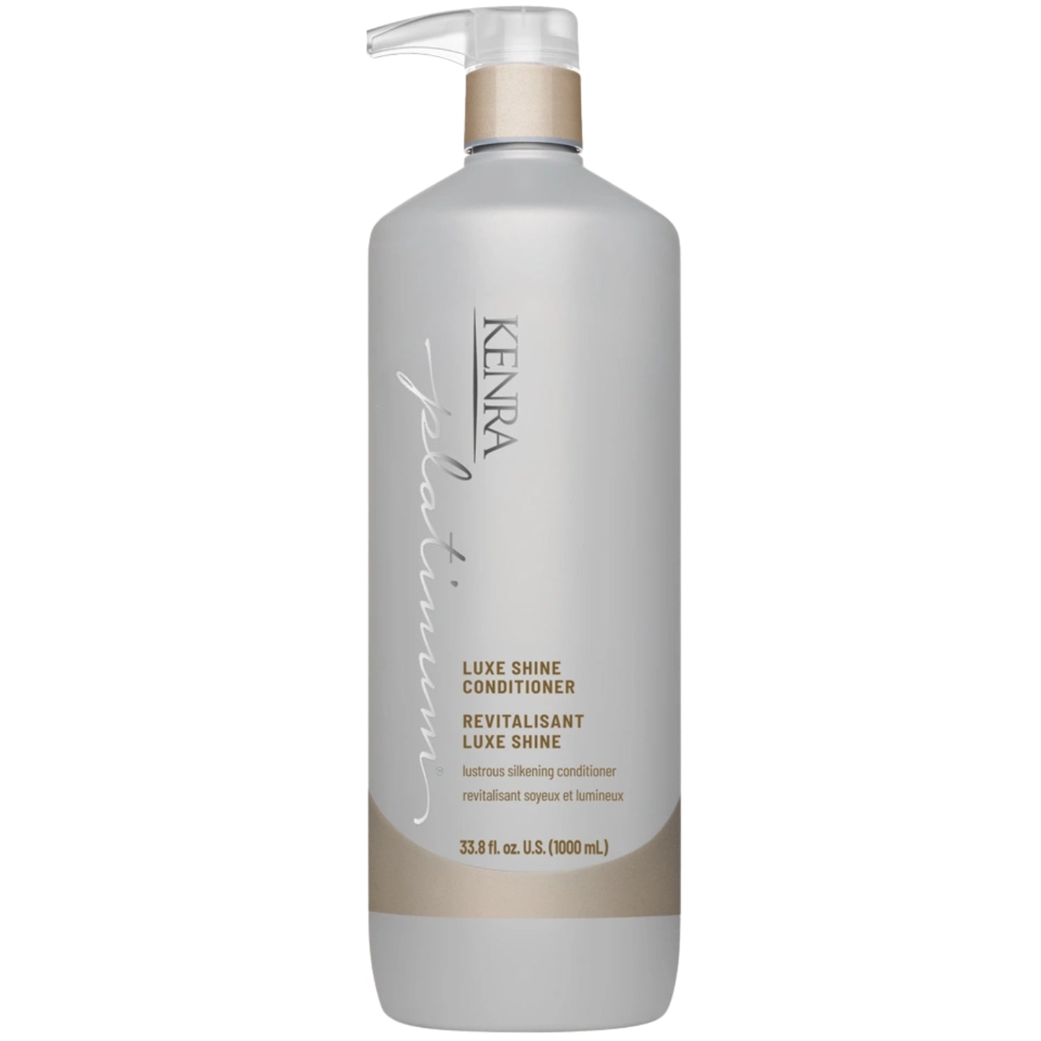 A large bottle of Kenra Platinum Luxe Shine Conditioner with a white and beige pump dispenser, shown on a plain white background.