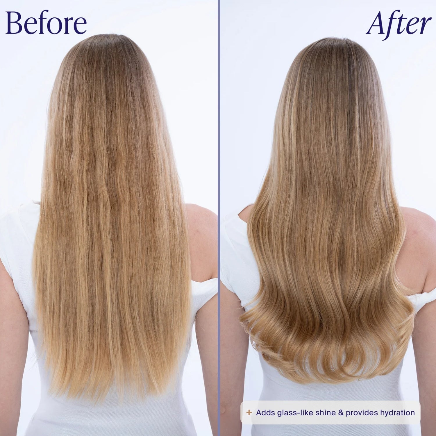 Before and after comparison of a woman's long, straight blonde hair, showing smoother, shinier, and more hydrated hair in the 'After' view. The image features a split screen with 'Before' on the left and 'After' on the right, set against a clean white background.