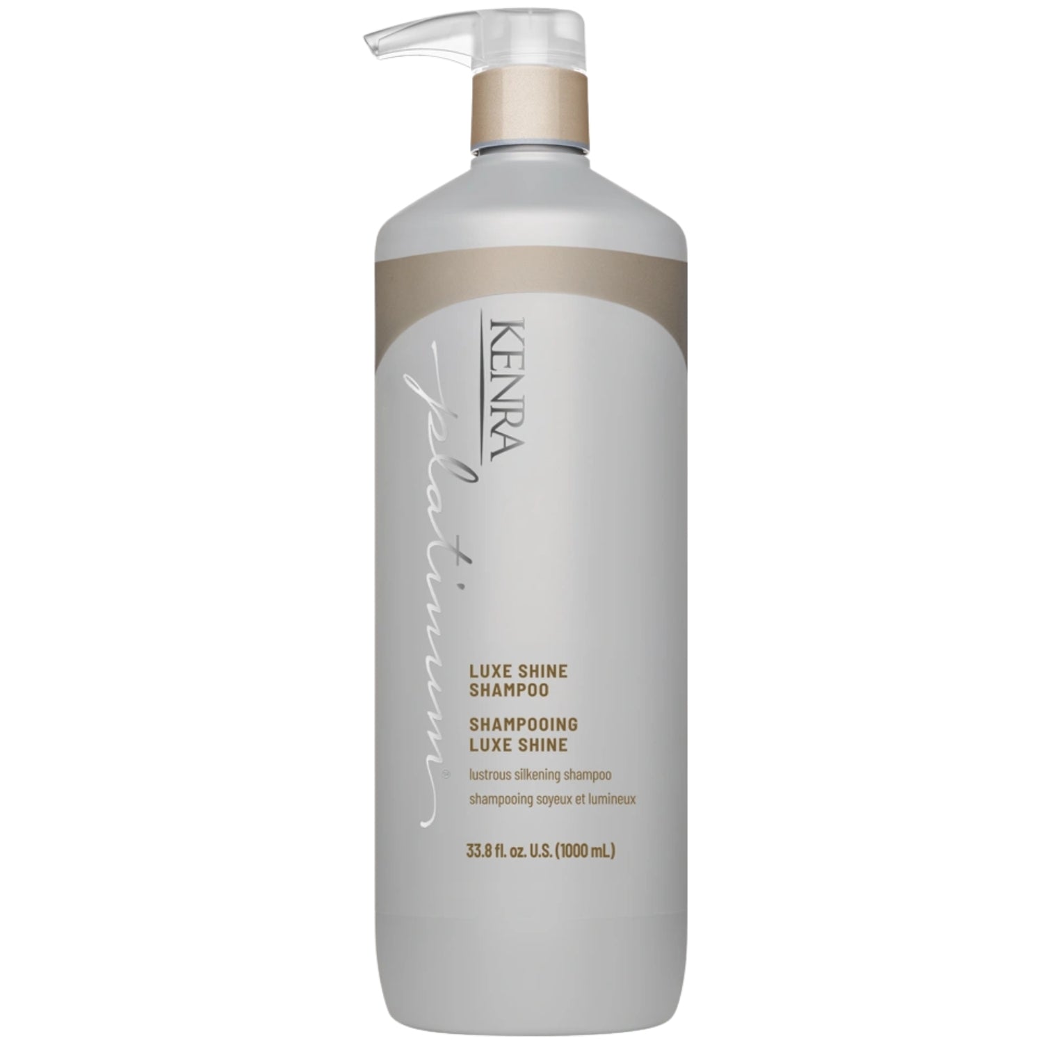 A 1000 mL bottle of Kenra Naturals Luxe Shine Shampoo, featuring a matte light gray bottle with a metallic gold band and a clear pump dispenser, set against a plain white background.