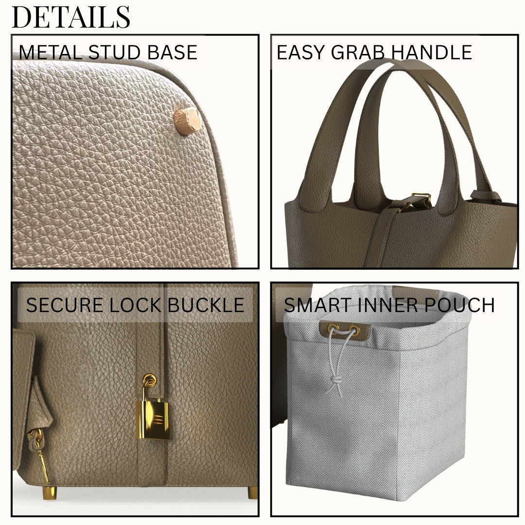 Etaupe vegan leather bucket bag, compact yet roomy, everyday satchel for phone, wallet, keys, and makeup.