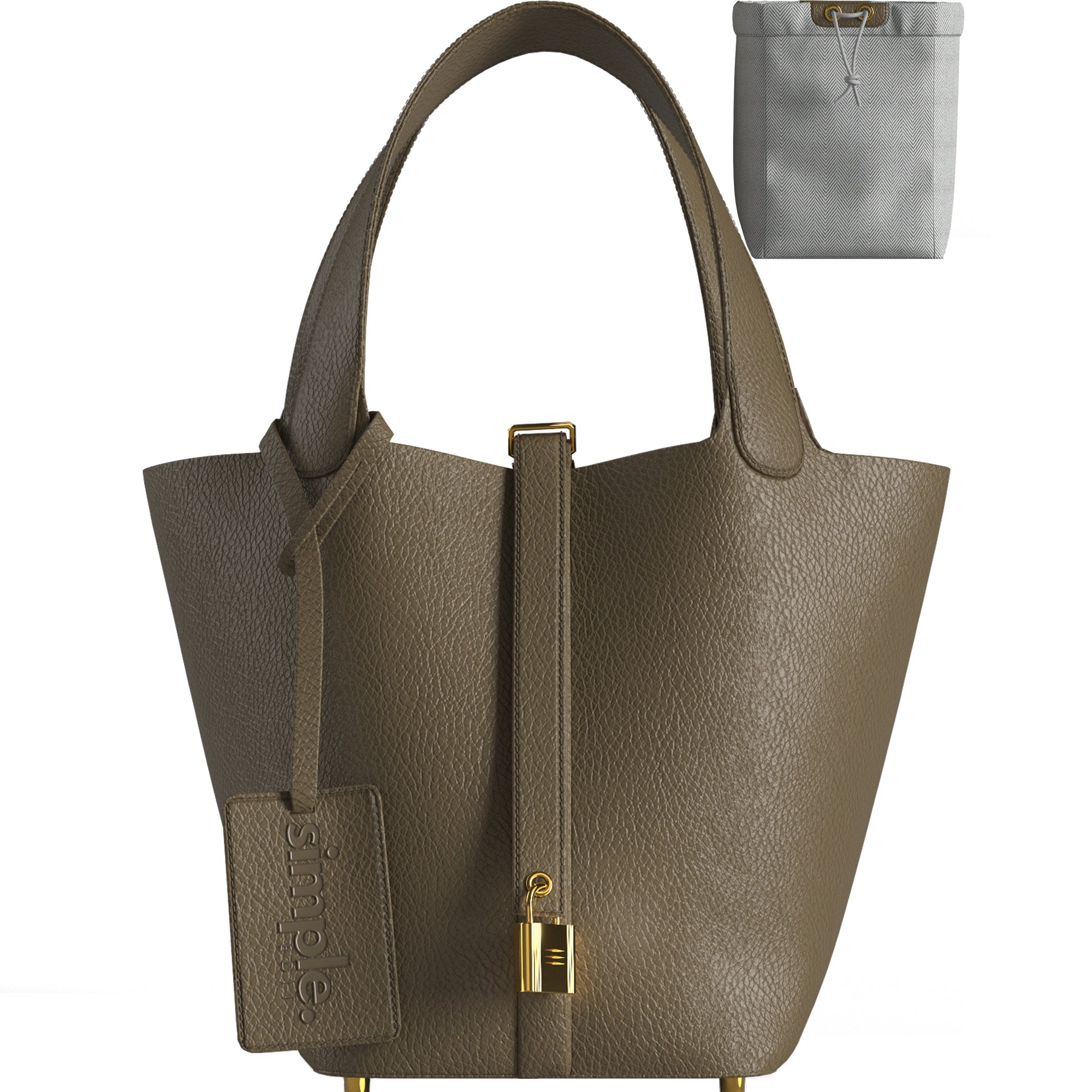 Etaupe vegan leather bucket bag, classic structured satchel with mini lock accent and removable drawstring pouch.