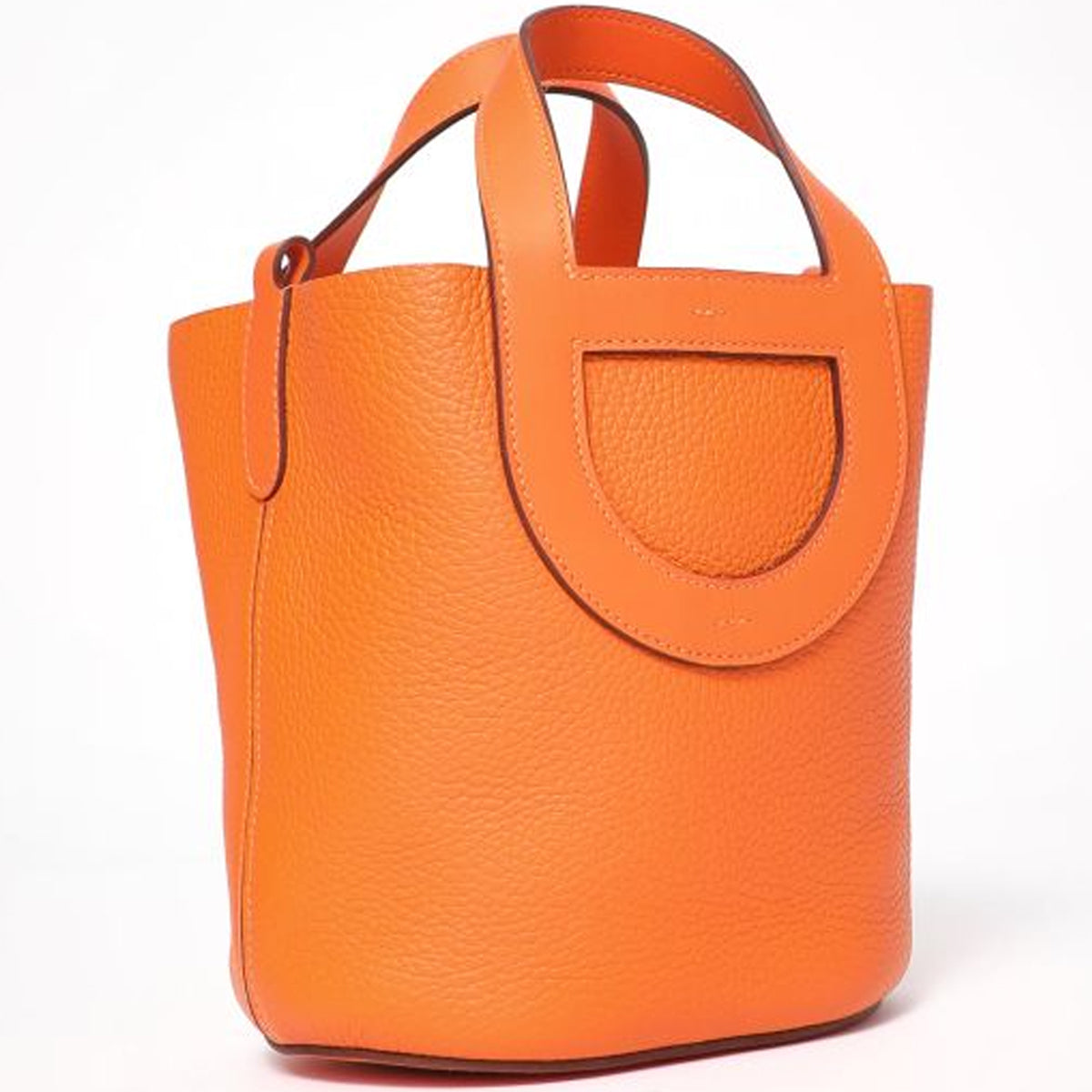 Compact Loop Leather Bucket Bag with Strap Detail – Green, White, Orange, Khaki