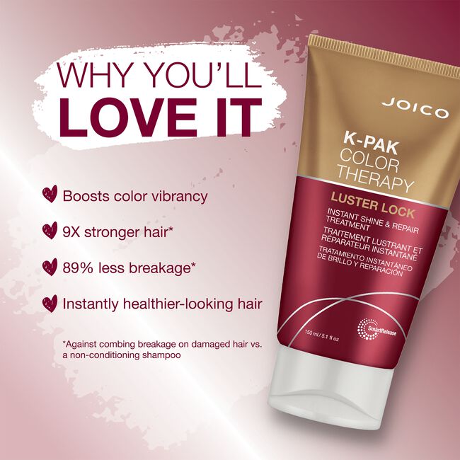 Joico K-PAK Color Therapy Luster Lock treatment tube on a pink background with text highlighting benefits.