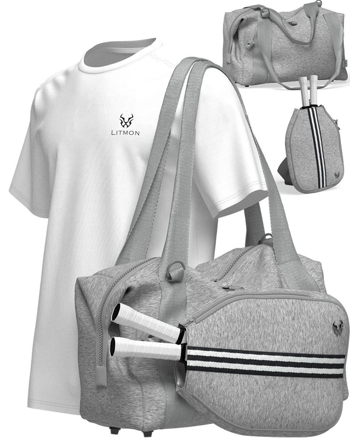 Gray neoprene 3-in-1 pickleball gym bag with detachable paddle pocket and duffle design