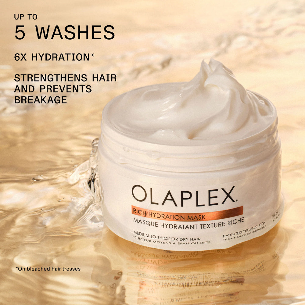 Olaplex Rich Hydration Mask lasts up to 5 washes providing 6x hydration, strengthens hair and prevents breakage