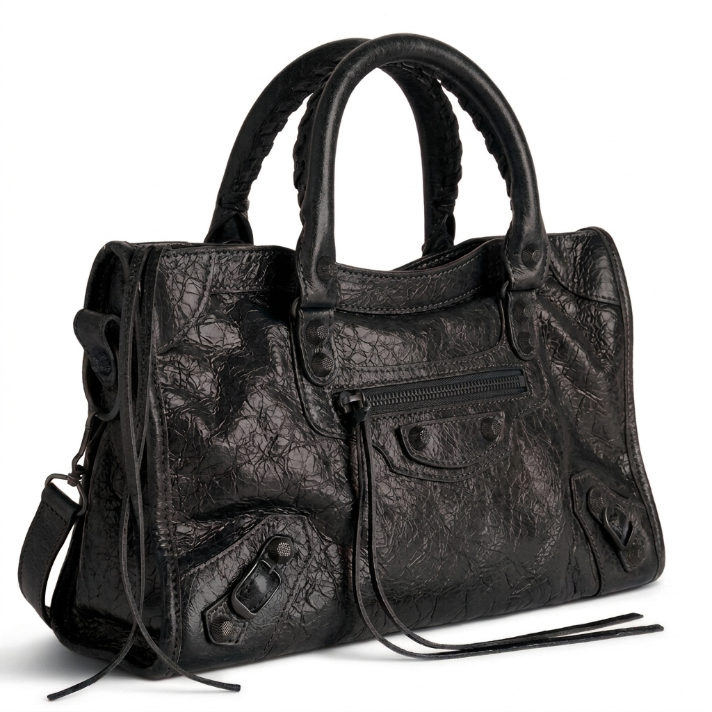 Medium City-Style Leather Shoulder Bag – Classic Moto Detail with Top Handle & Strap