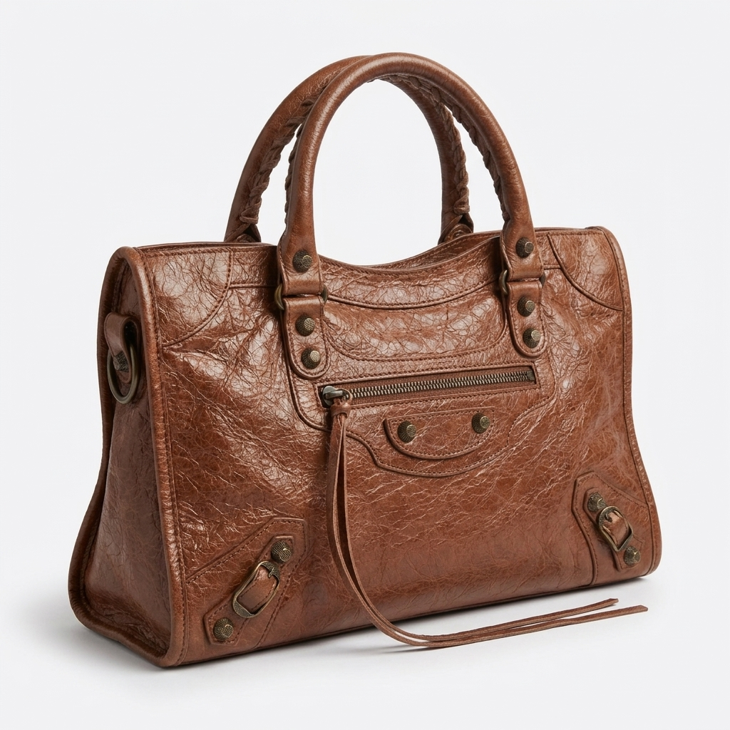 Medium City-Style Leather Shoulder Bag – Classic Moto Detail with Top Handle & Strap
