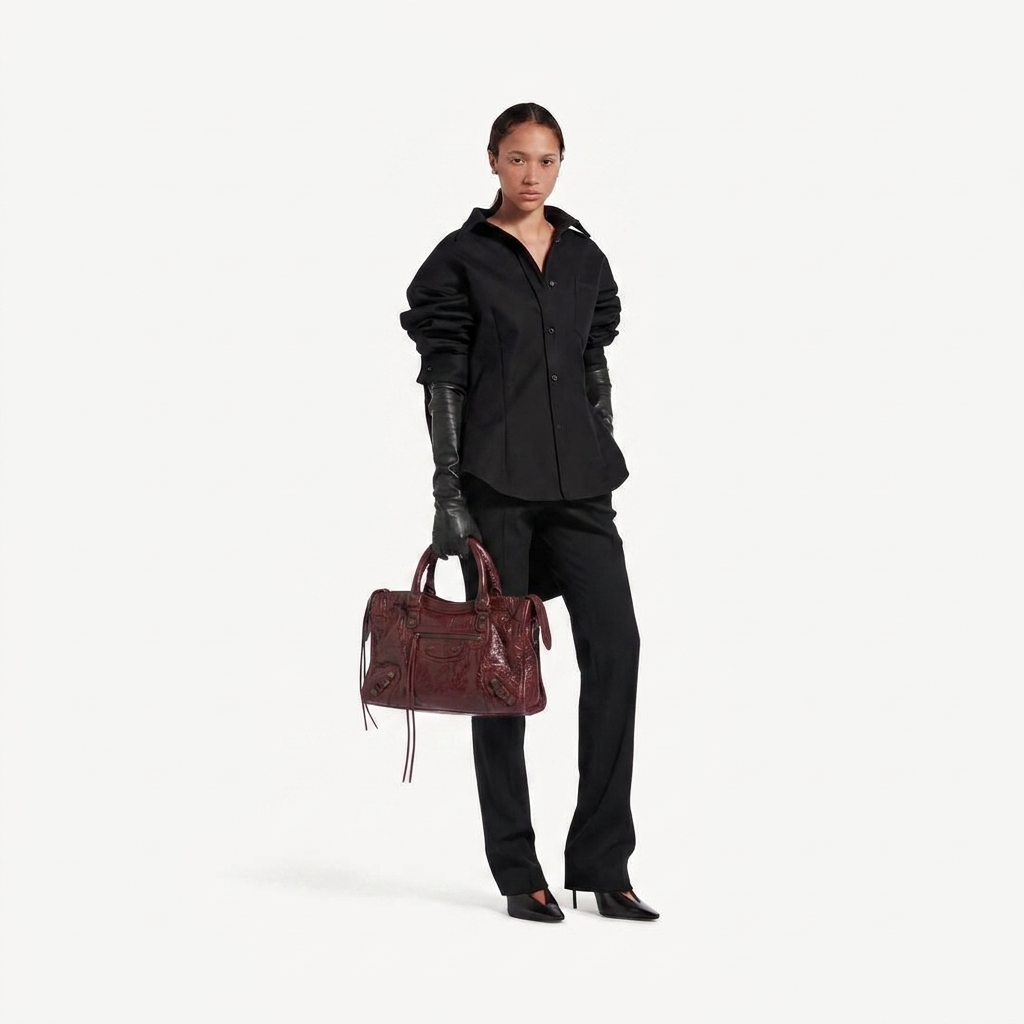 Medium City-Style Leather Shoulder Bag – Classic Moto Detail with Top Handle & Strap