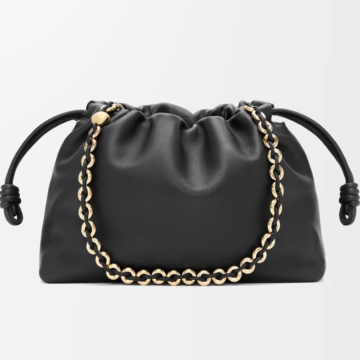 Medium Leather Clutch – Soft Knot Drawstring with Gold Chain & Detachable Shoulder Strap (Dark Burgundy & Black)