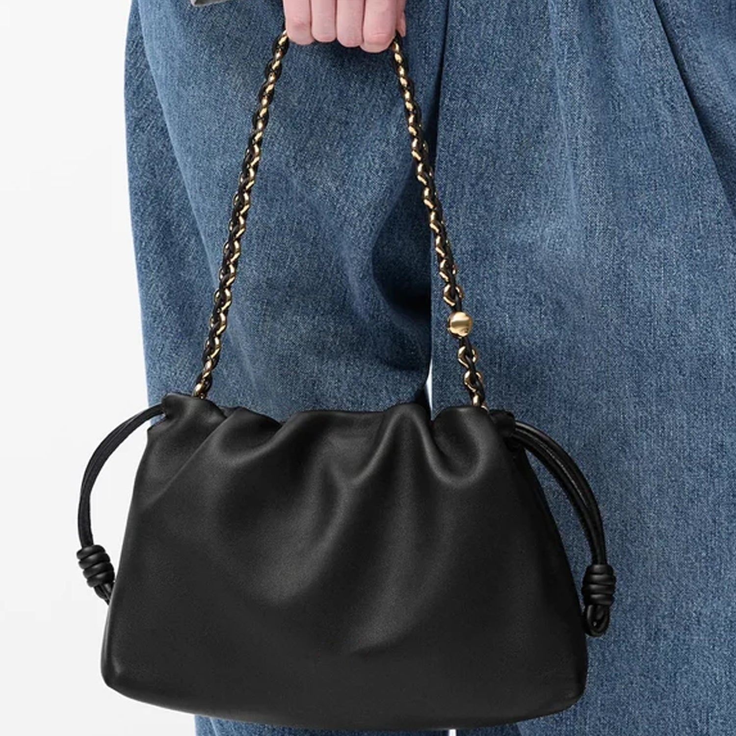 Medium Leather Clutch – Soft Knot Drawstring with Gold Chain & Detachable Shoulder Strap (Dark Burgundy & Black)