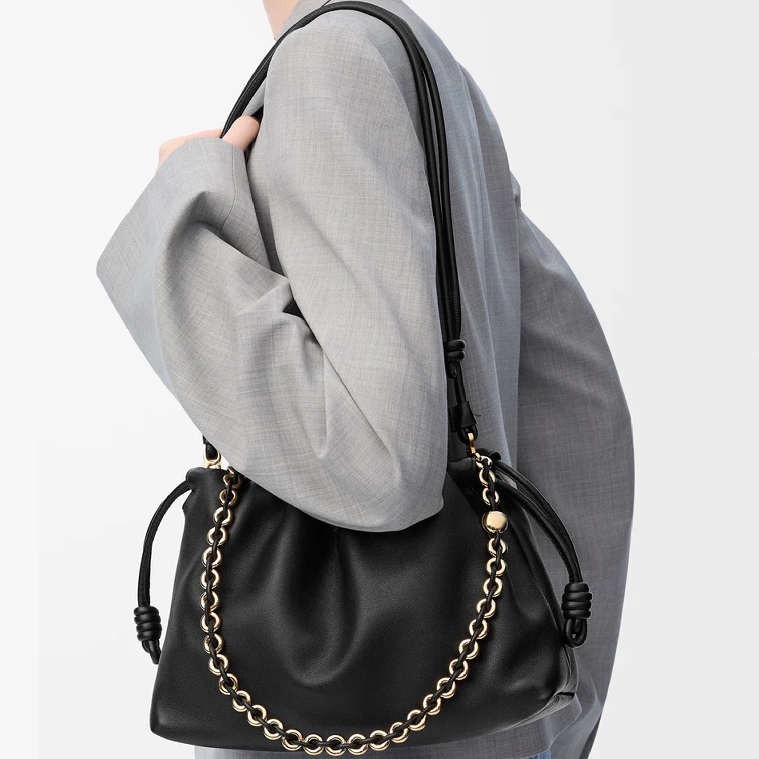 Medium Leather Clutch – Soft Knot Drawstring with Gold Chain & Detachable Shoulder Strap (Dark Burgundy & Black)