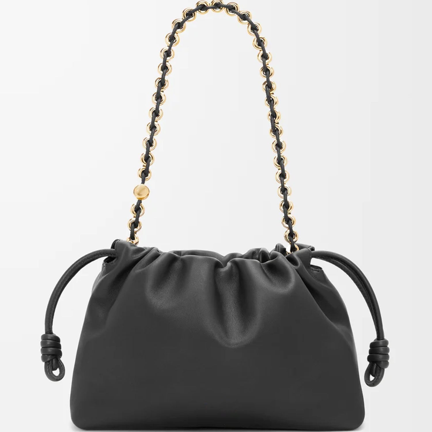 Medium Leather Clutch – Soft Knot Drawstring with Gold Chain & Detachable Shoulder Strap (Dark Burgundy & Black)