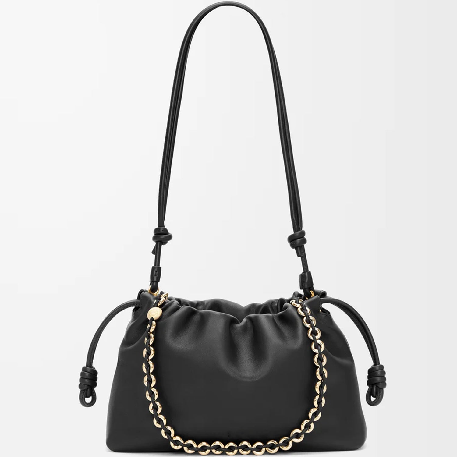 Medium Leather Clutch – Soft Knot Drawstring with Gold Chain & Detachable Shoulder Strap (Dark Burgundy & Black)