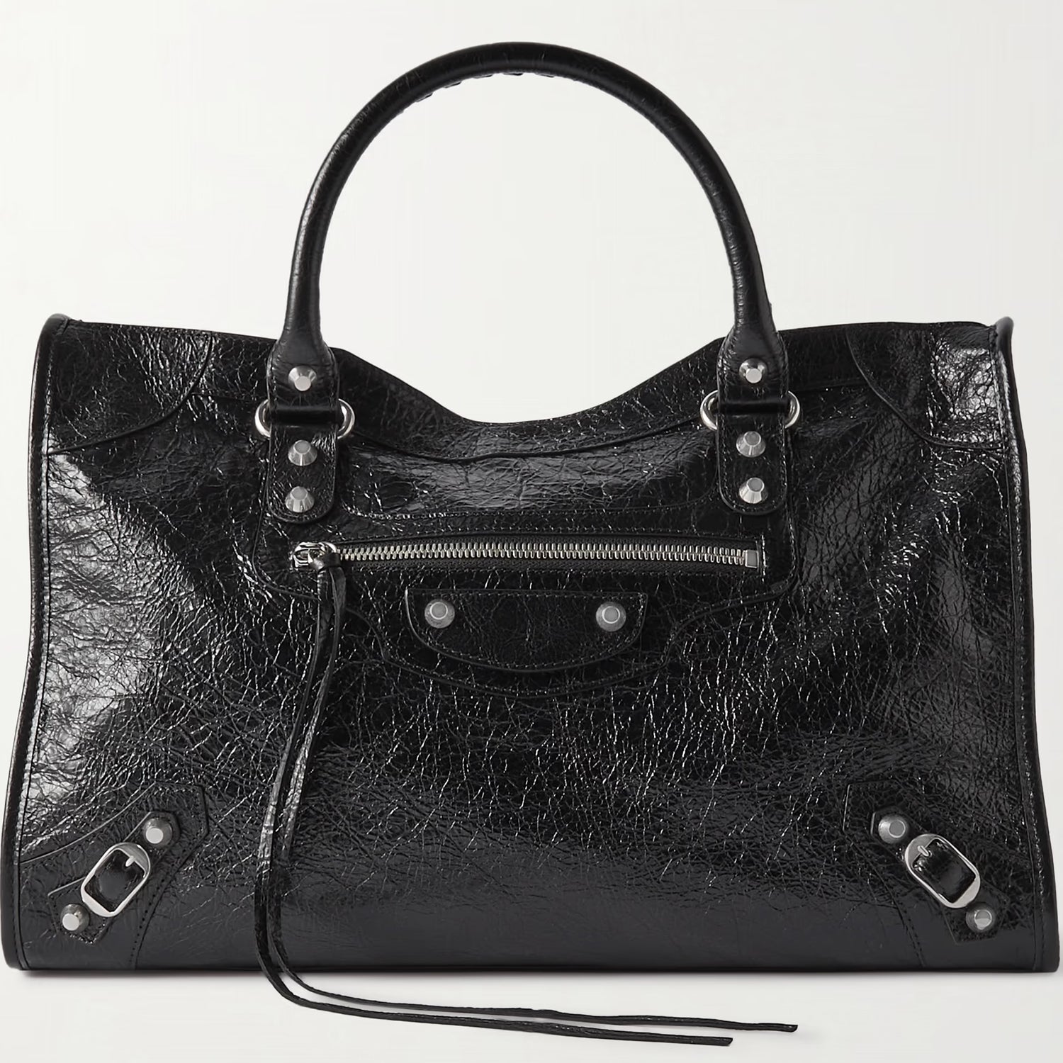 Black Medium City-Style Leather Shoulder Bag with Studded Moto Details