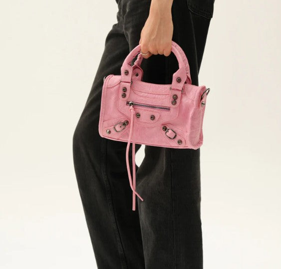 Mini City-Style Leather Shoulder Bag – Moto Detail with Top Handle & Strap