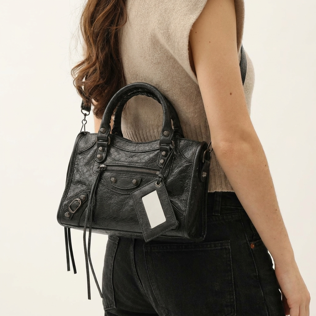 Mini City-Style Leather Shoulder Bag – Moto Detail with Top Handle & Strap