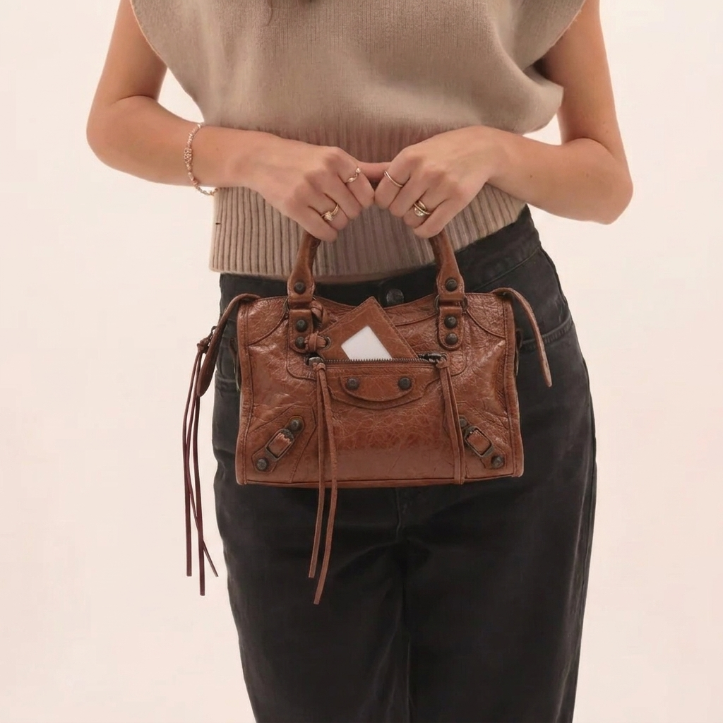 Mini City-Style Leather Shoulder Bag – Moto Detail with Top Handle & Strap