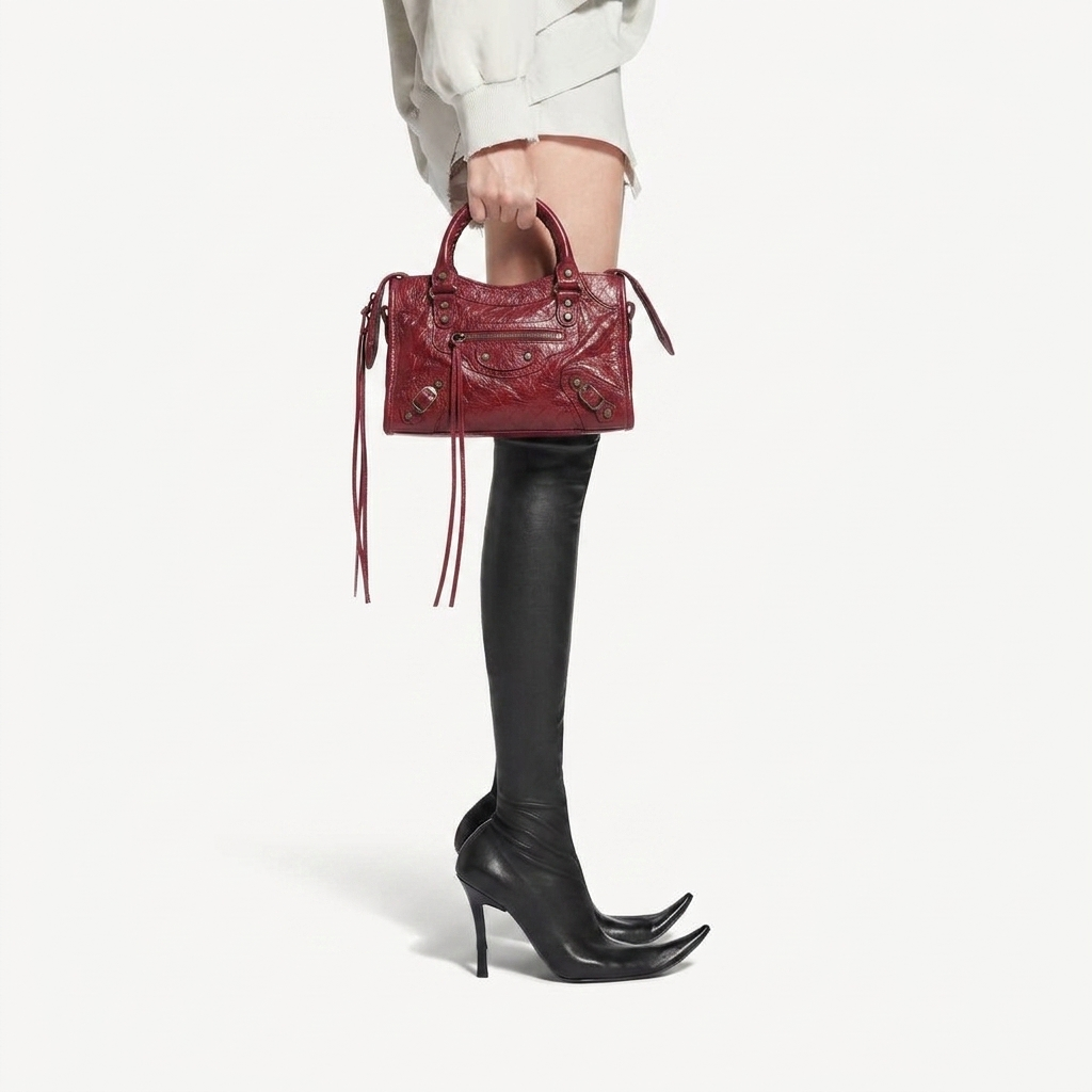Mini City-Style Leather Shoulder Bag – Moto Detail with Top Handle & Strap