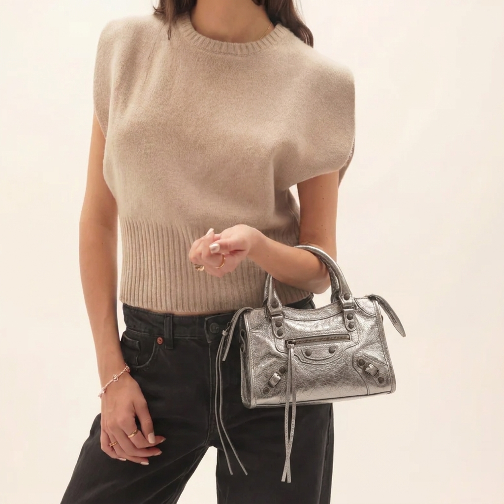 Mini City-Style Leather Shoulder Bag – Moto Detail with Top Handle & Strap