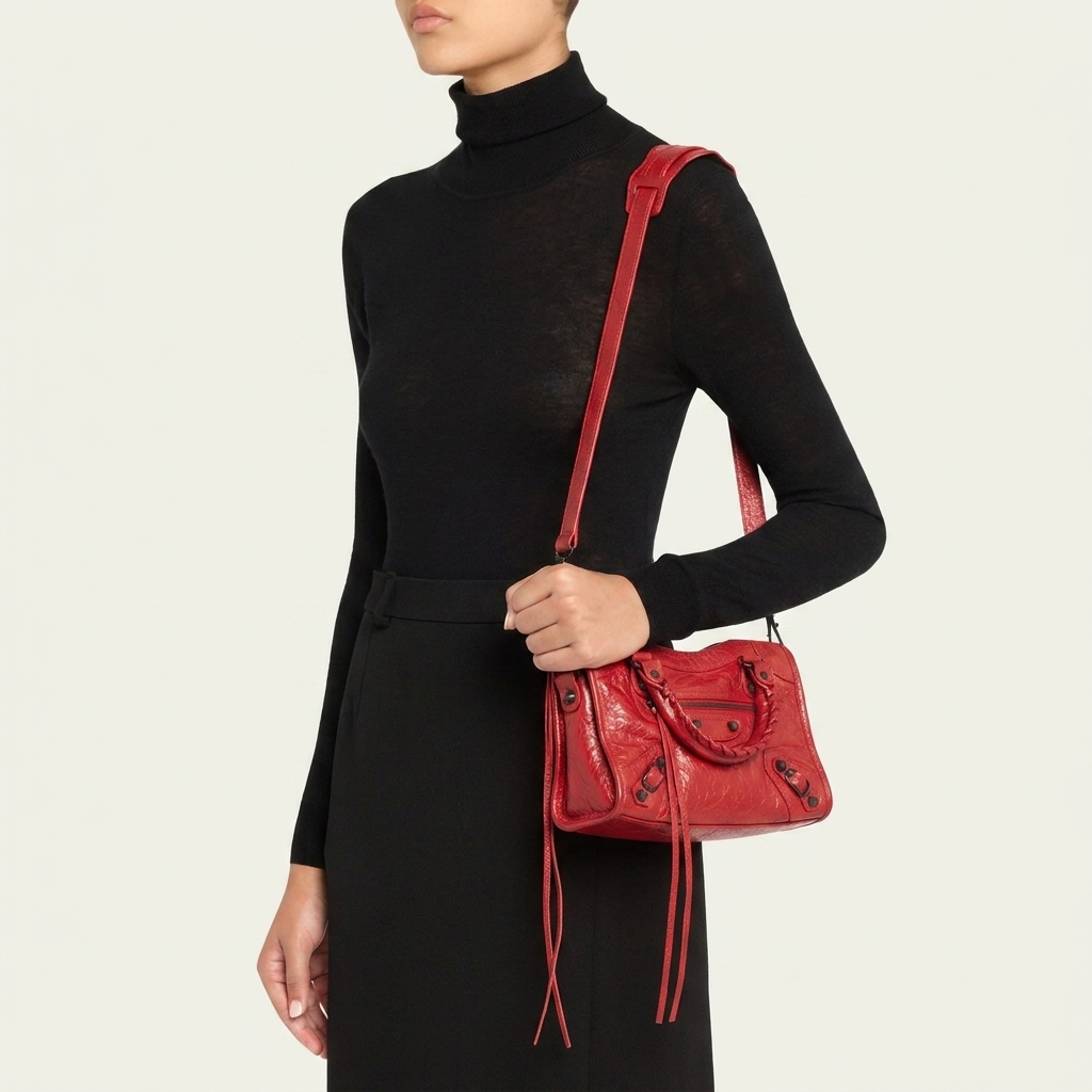 Mini City-Style Leather Shoulder Bag – Moto Detail with Top Handle & Strap