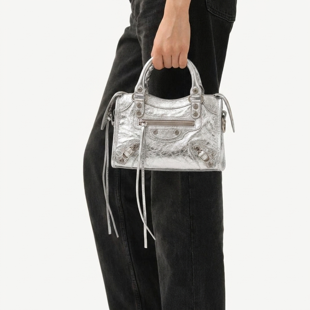 Mini City-Style Leather Shoulder Bag – Moto Detail with Top Handle & Strap