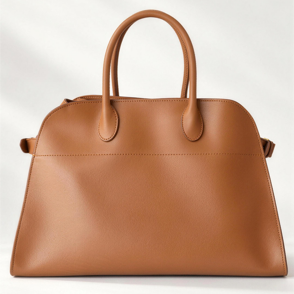 Modern Structured Leather Tote in Brown, large smooth leather tote with side tabs and toggle closure, 15 x 11 x 9 in