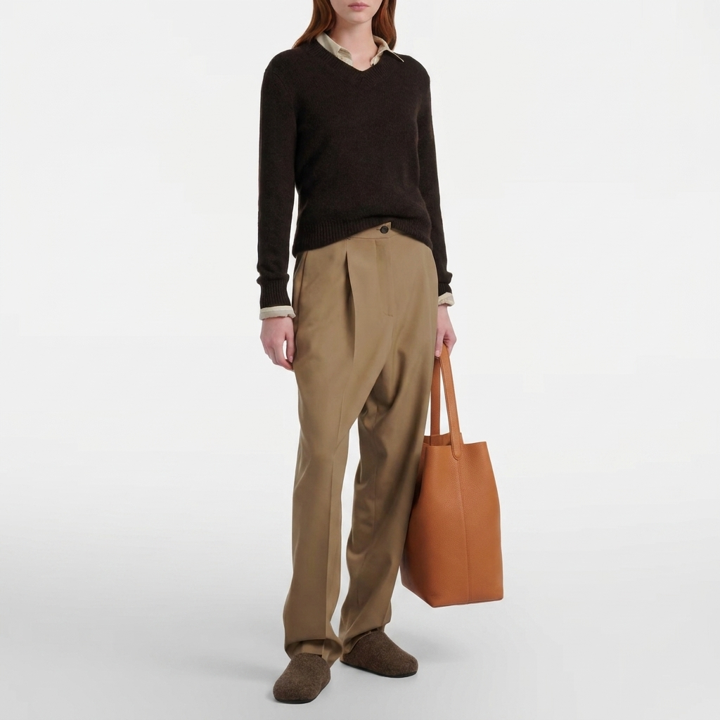 Model wearing the large vertical soft tote in genuine brown leather on shoulder