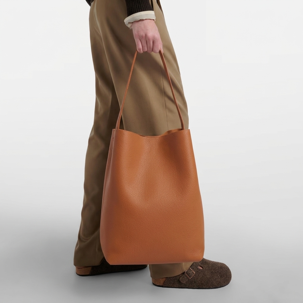 Model with the large vertical soft tote in genuine brown calfskin, everyday styling
