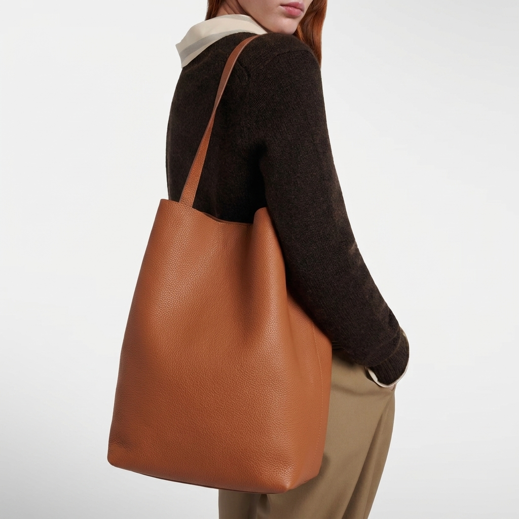 Model carrying the large vertical soft tote in genuine brown calfskin leather
