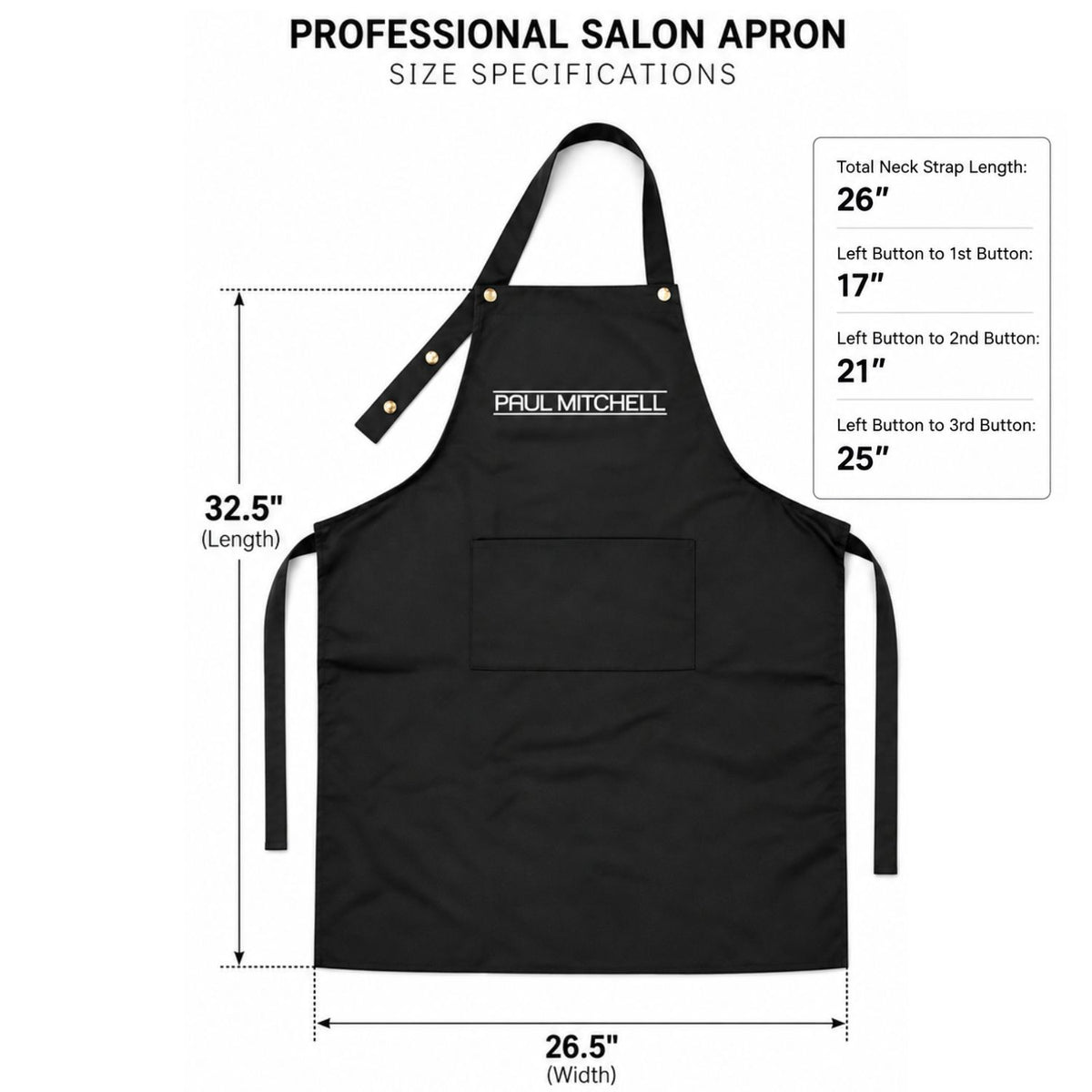 Paul Mitchell professional salon apron with adjustable neck strap with 3 buttons size specification