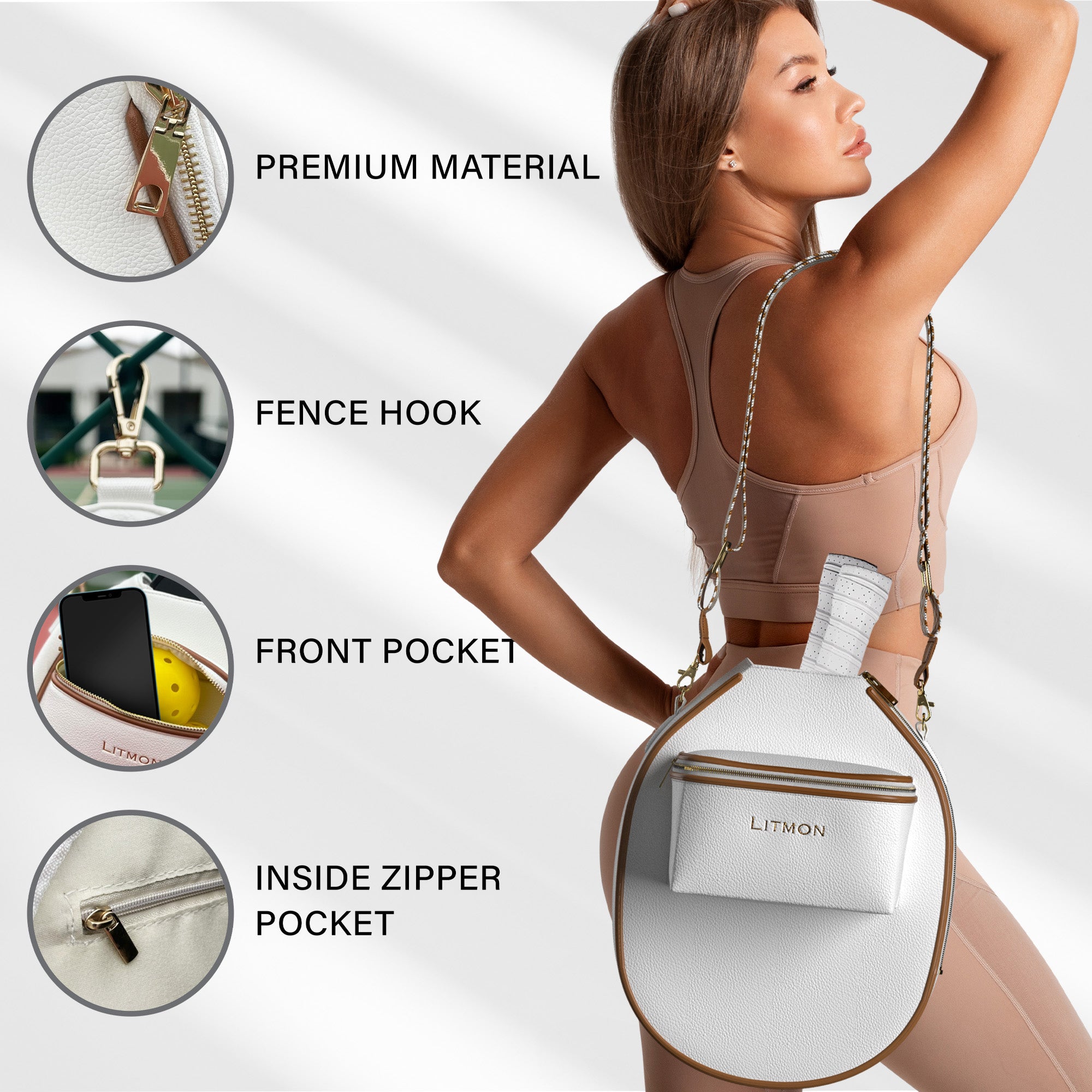 Minimalist vegan leather paddle bag with premium material, gold fence hook, front pocket, inside gold zipper pocket 
