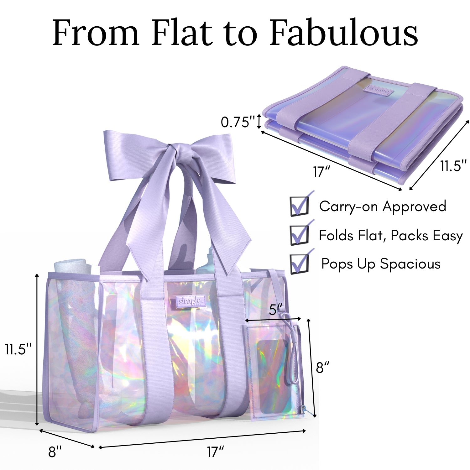 A lavender holographic toiletry bag set with a large bow, shown with dimension labels and text reading 'From Flat to Fabulous.' The image includes a folded flat view, a standing bag view, and a small pouch, with measurements and checkmarks noting carry-on approval, easy folding, and spacious pop-up capacity.