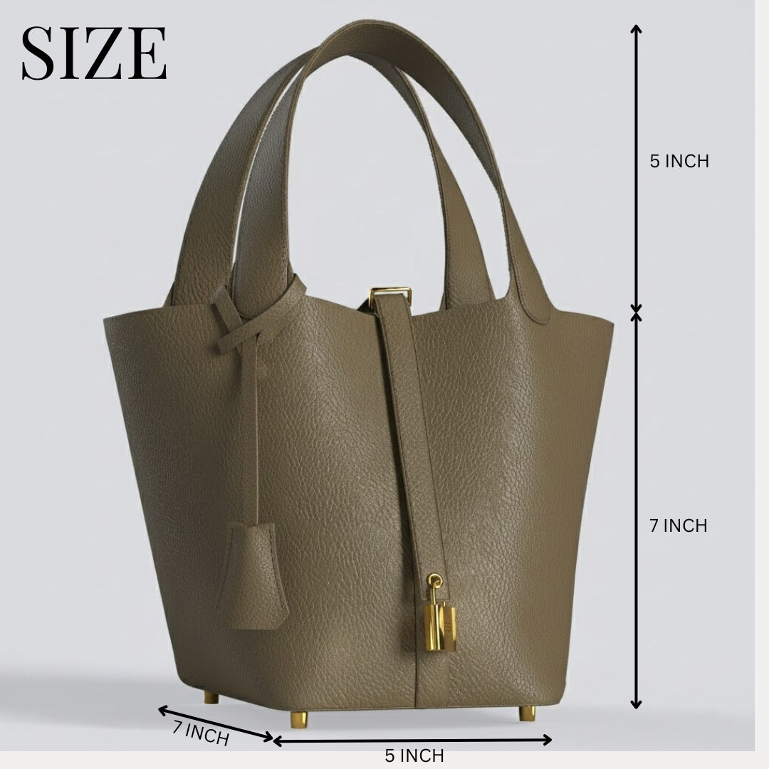 Perfect size luxury gold leather bucket bag in premium vegan leather with mini lock design and gold-tone hardware, elegant everyday handbag.