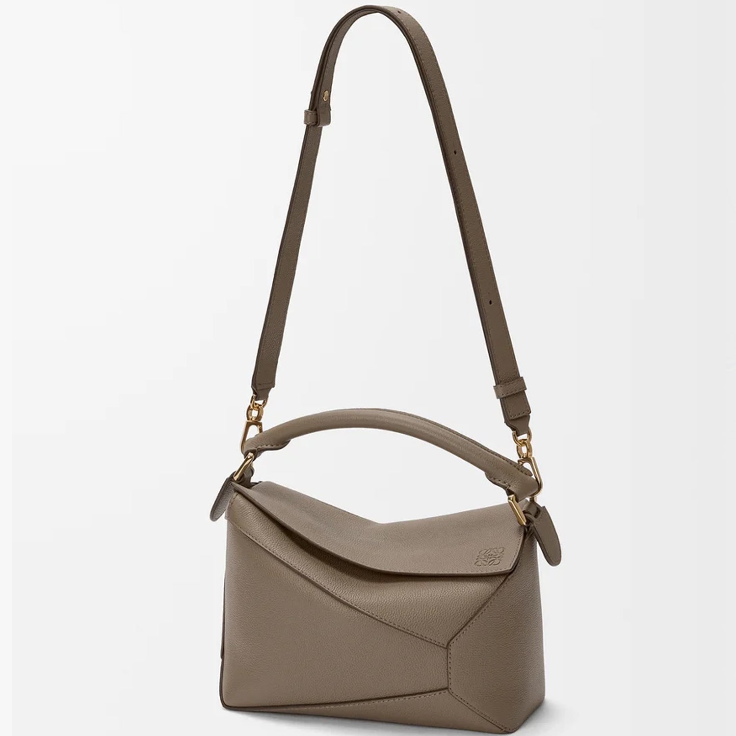 Small Geometric Leather Bag – Taupe Top Handle Crossbody with Panel Stitch Detailing