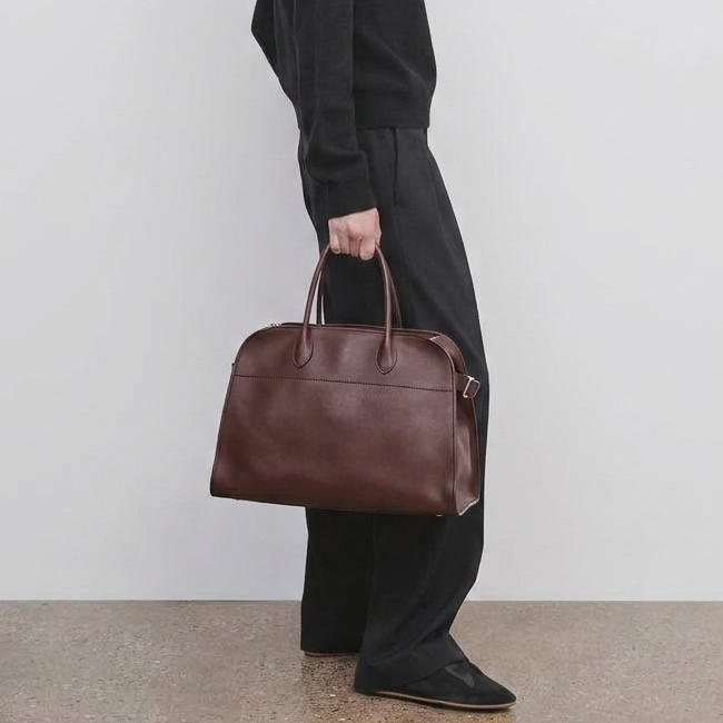 Mocha soft leather tote bag model shot