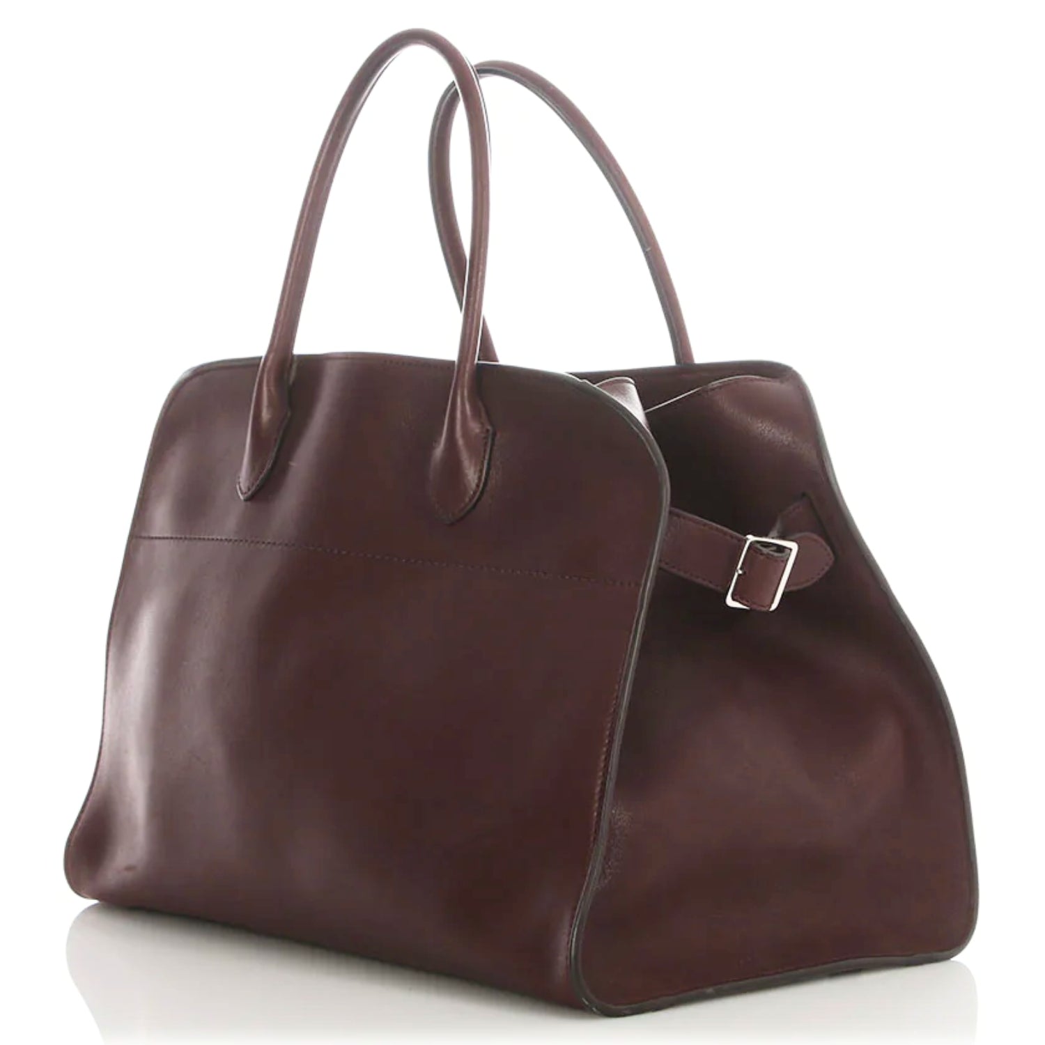 Mocha soft leather tote bag with toggle closure and side tabs