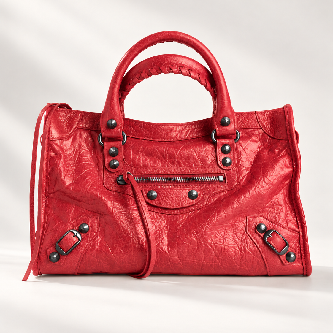 Small City-Style Leather Shoulder Bag in Red, moto detail, dual top handles, top zip and detachable strap, 12 x 8 in