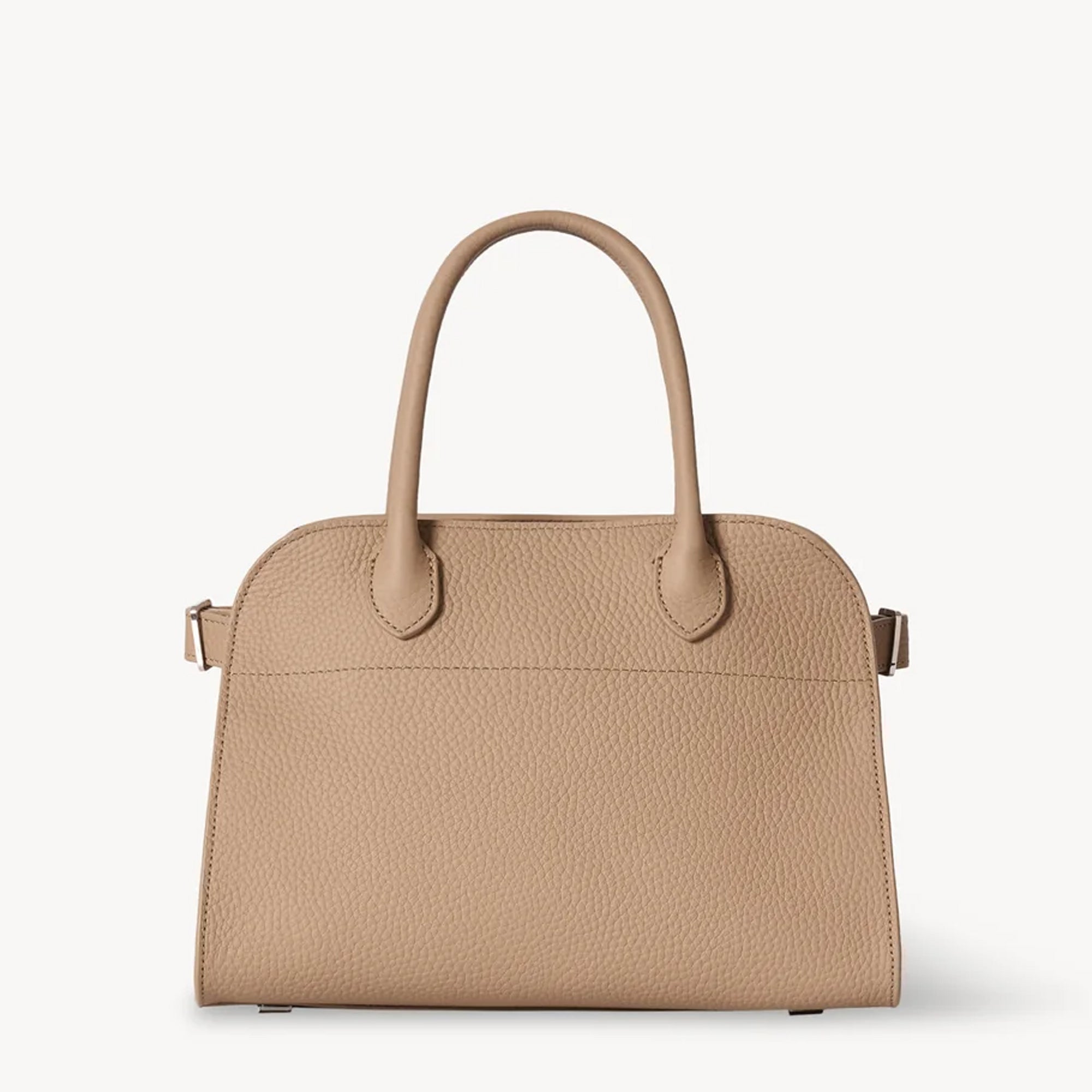 Front view of the Taupe Margaux 10 style compact structured leather tote with belted sides.